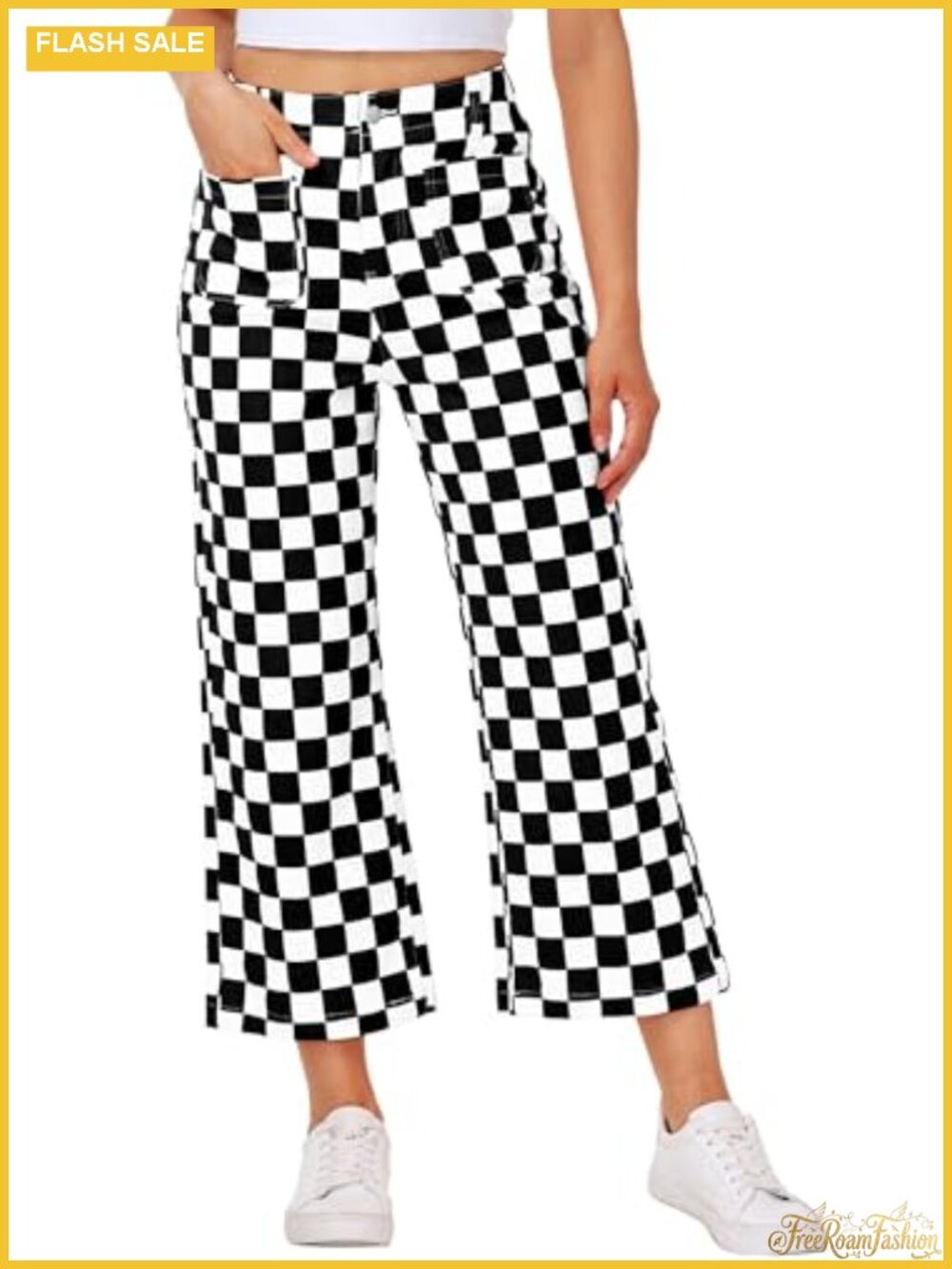 High Rise Cropped Straight Leg Checkered Stretchy Denim Jeans with Pockets